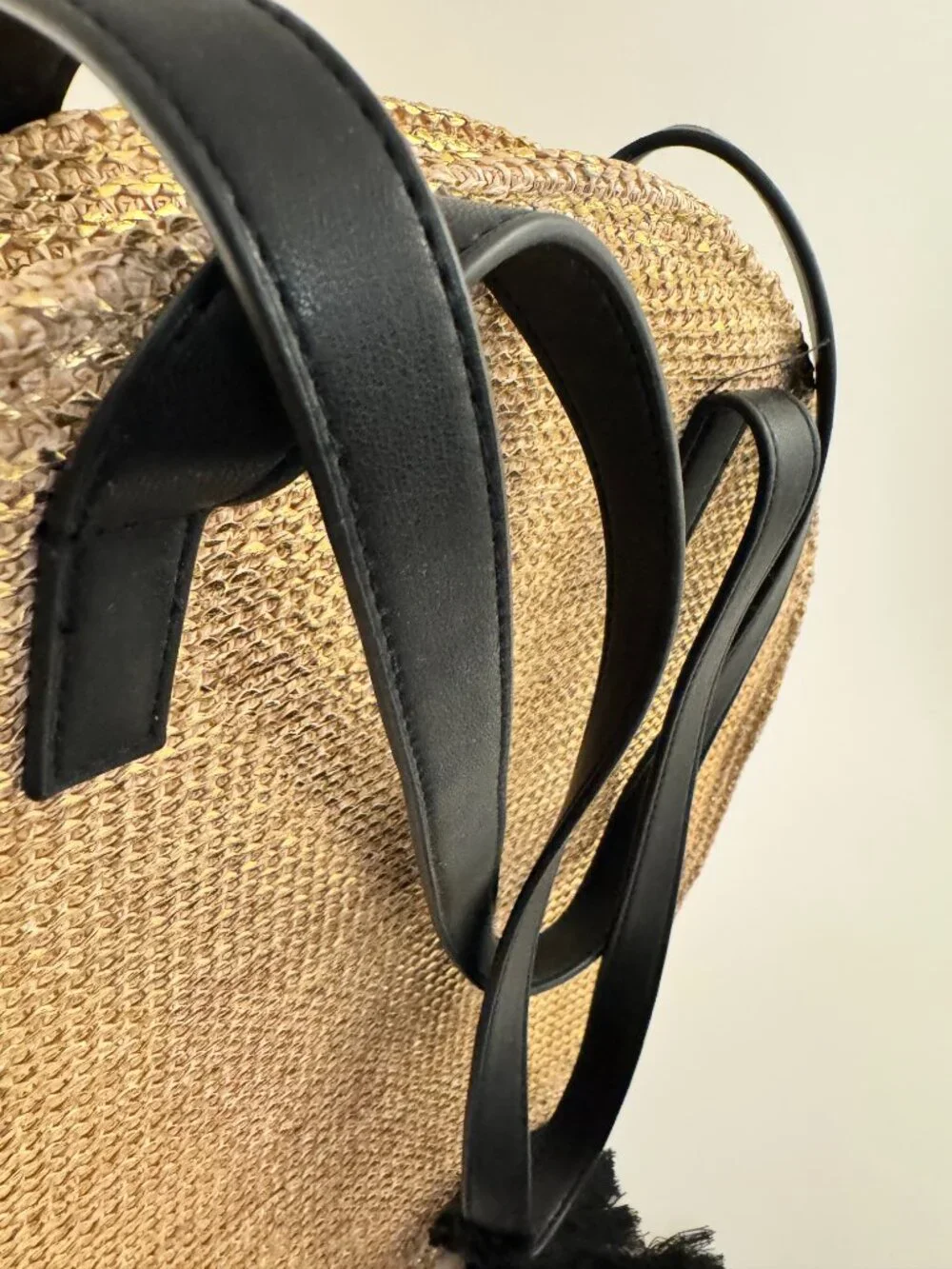 Express Gold Metallic Woven Straw Round Bag Black Tassel